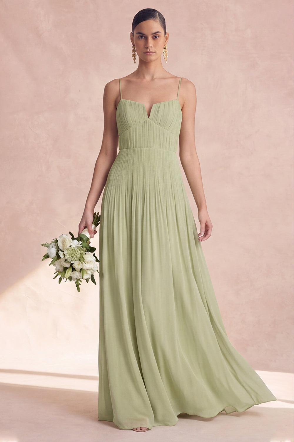 Dusty Sage A Line Spaghetti Straps Long Bridesmaid Dress