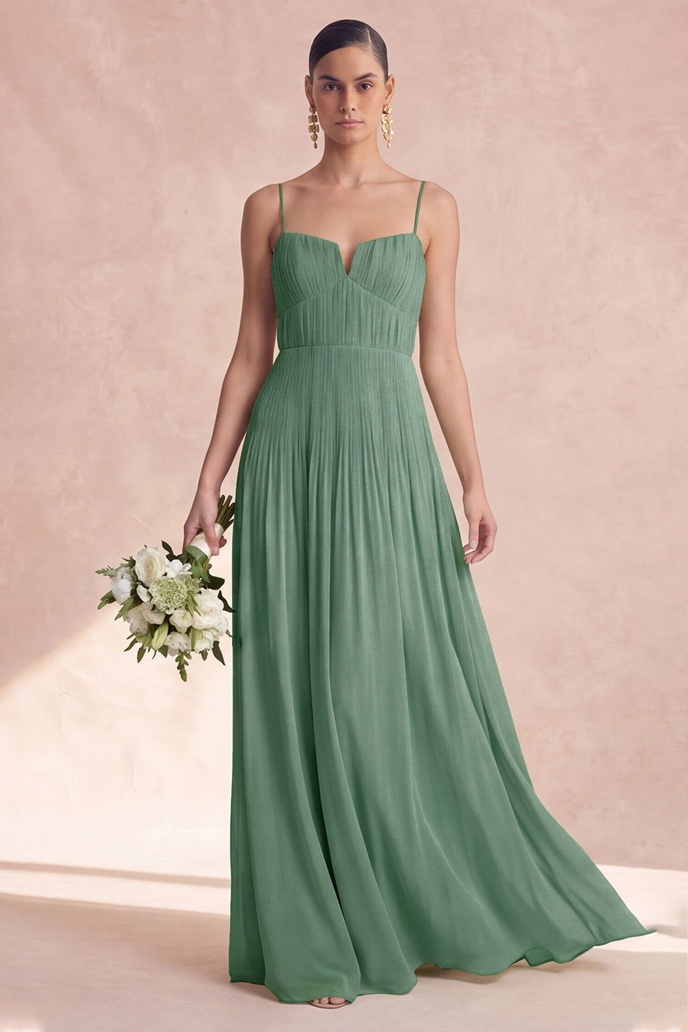 Dusty Sage A Line Spaghetti Straps Long Bridesmaid Dress