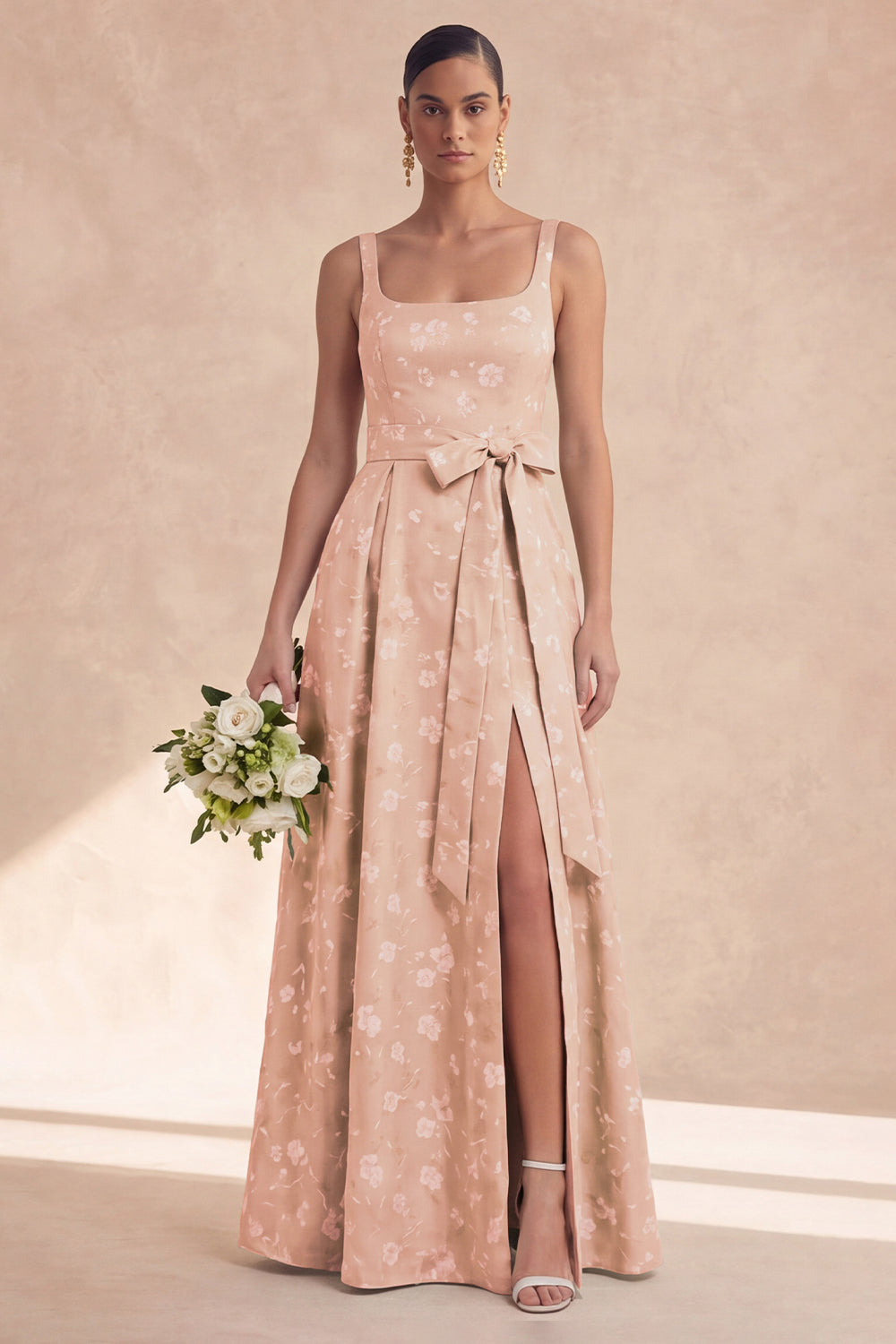 Sage A Line Floral Long Thick Straps Bridesmaid Dress with Bow