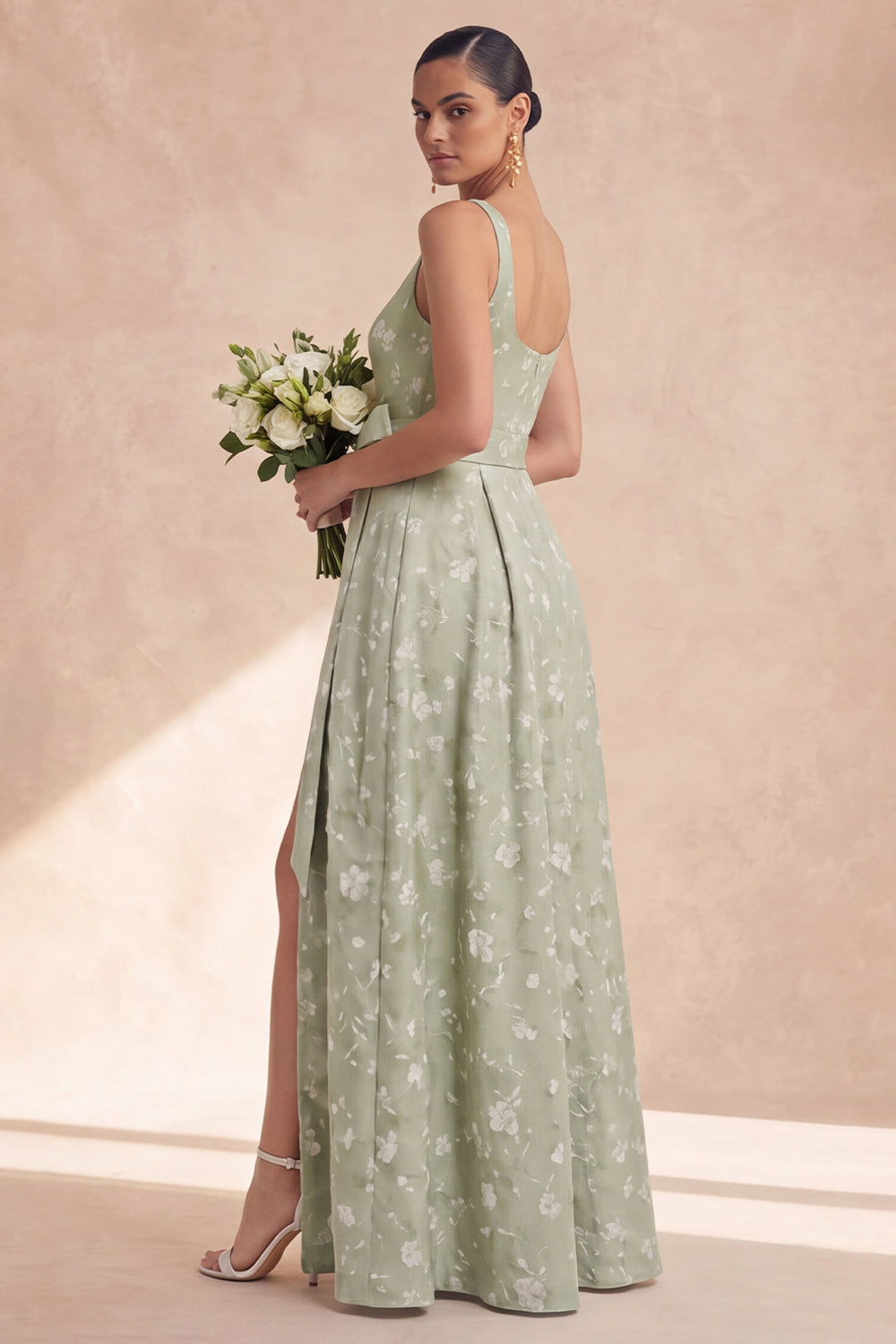 Sage A Line Floral Long Thick Straps Bridesmaid Dress with Bow