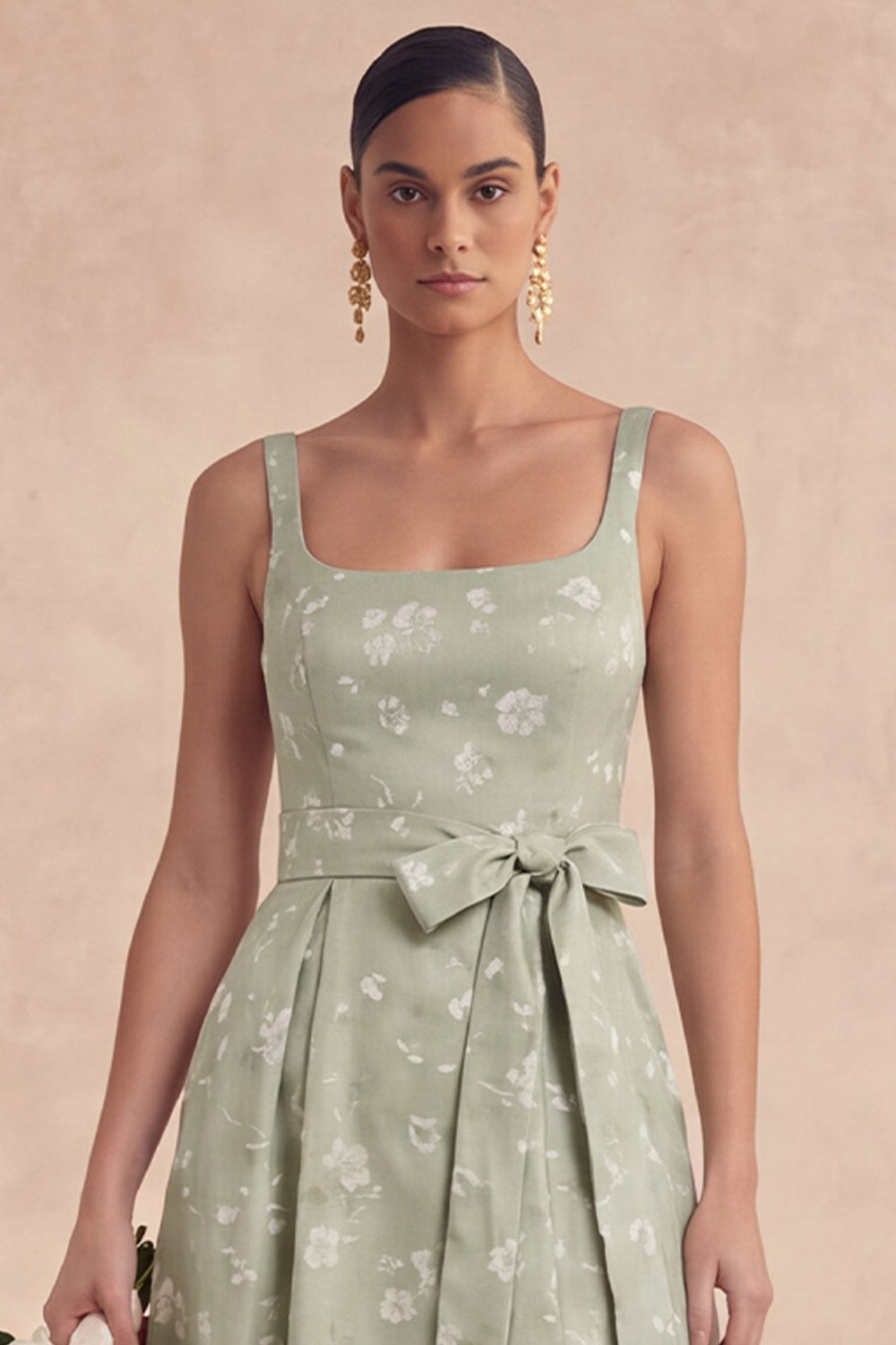 Sage A Line Floral Long Thick Straps Bridesmaid Dress with Bow