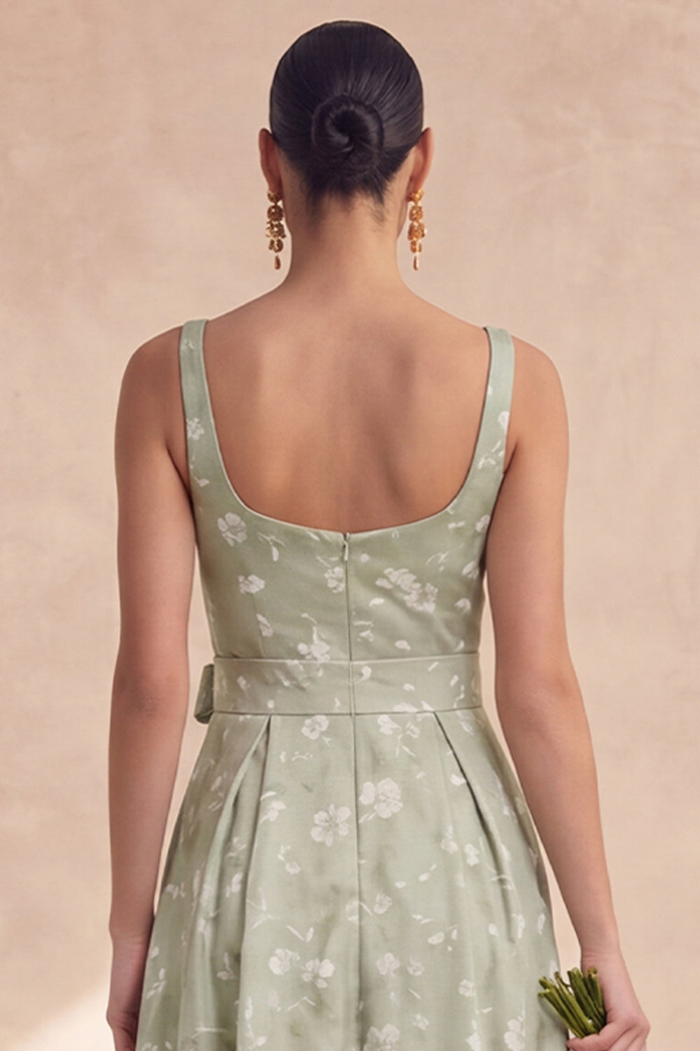 Sage A Line Floral Long Thick Straps Bridesmaid Dress with Bow