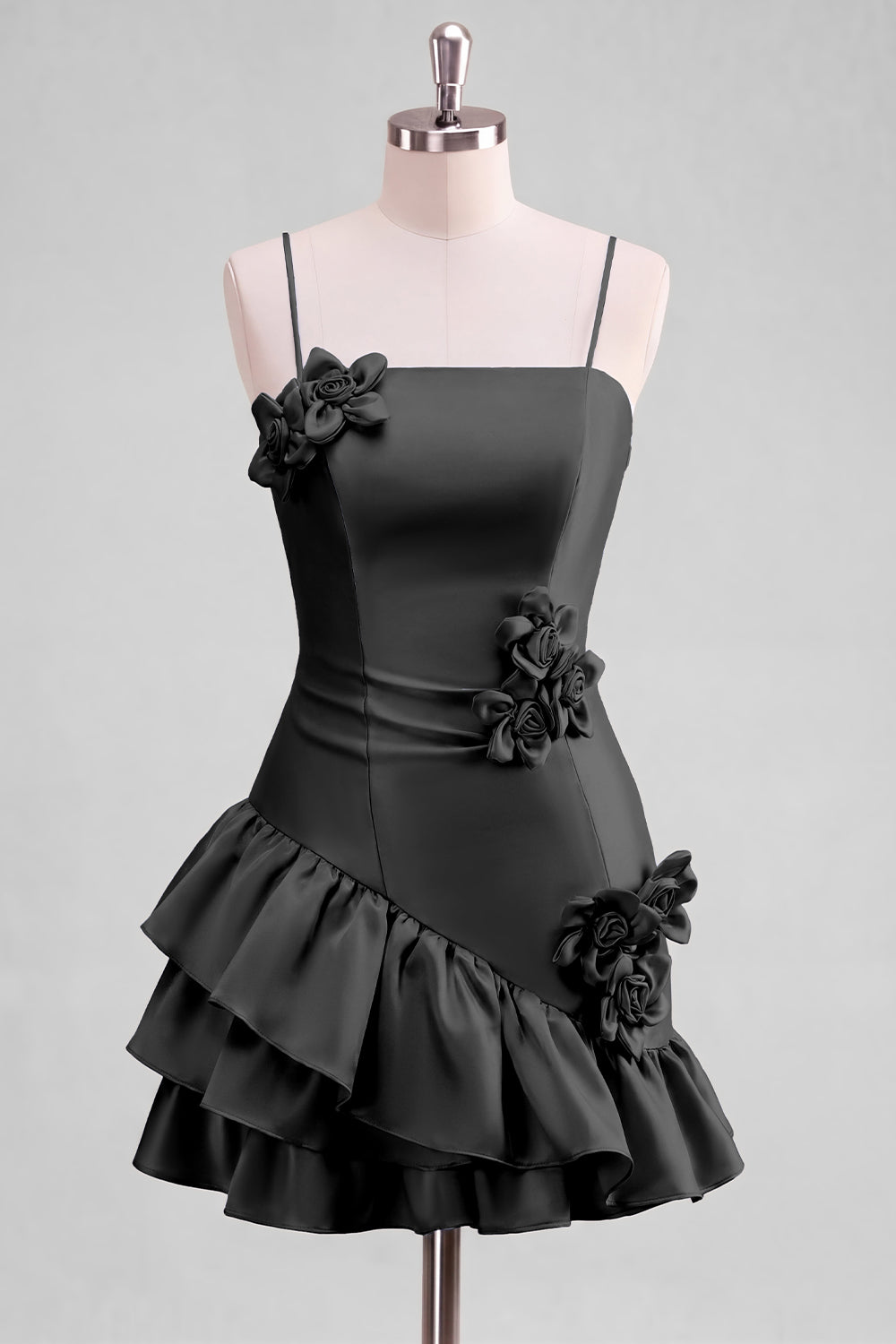 A-line Satin Light Blue Spaghetti Straps Ruffled Homecoming Dress with 3D Flowers