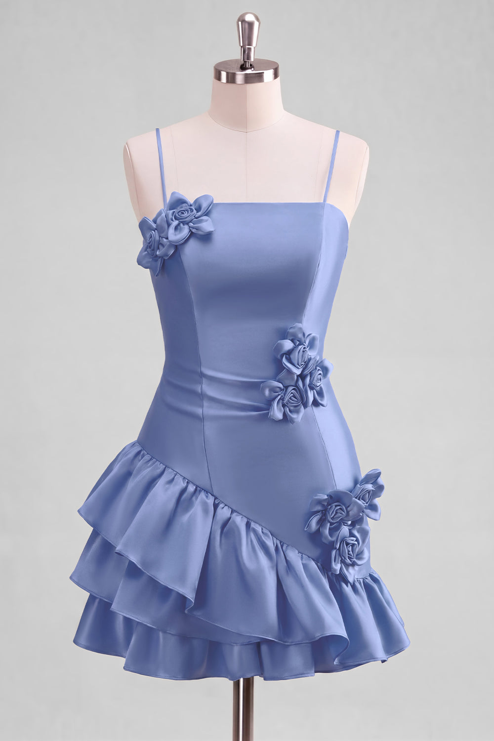 A-line Satin Light Blue Spaghetti Straps Ruffled Homecoming Dress with 3D Flowers
