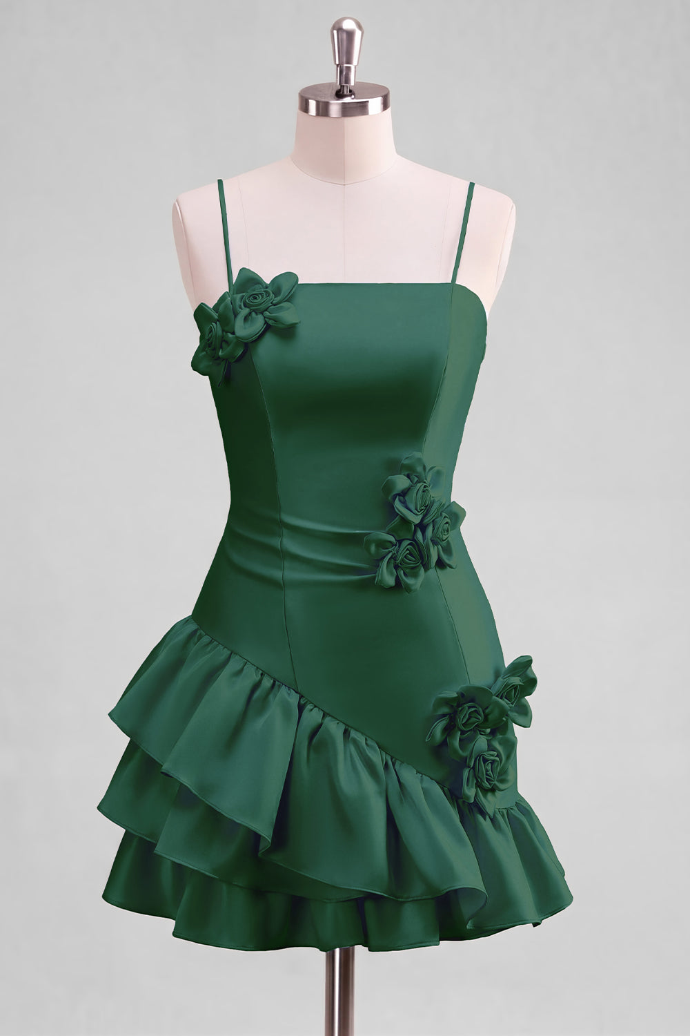 A-line Satin Light Blue Spaghetti Straps Ruffled Homecoming Dress with 3D Flowers