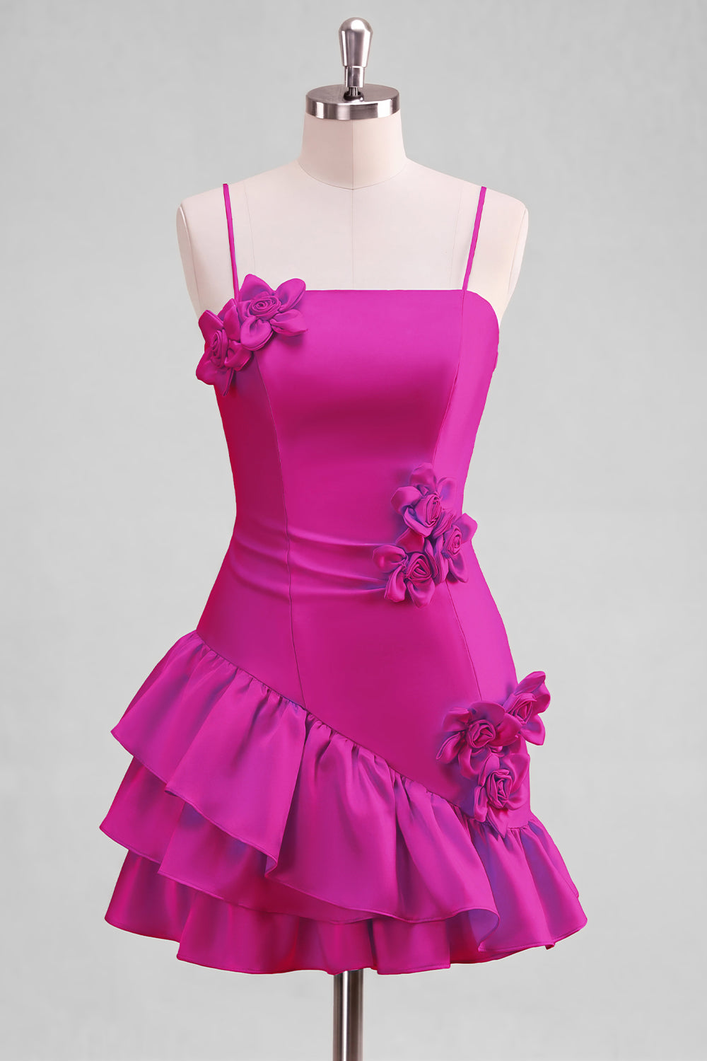 A-line Satin Light Blue Spaghetti Straps Ruffled Homecoming Dress with 3D Flowers
