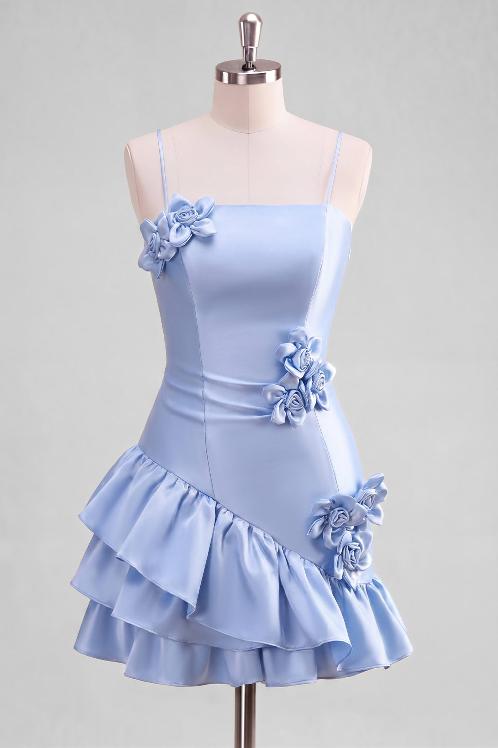 A-line Satin Light Blue Spaghetti Straps Ruffled Homecoming Dress with 3D Flowers
