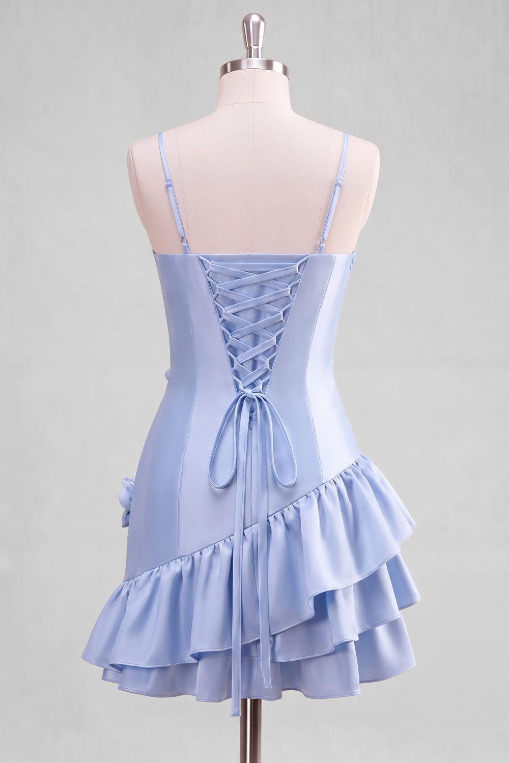 A-line Satin Light Blue Spaghetti Straps Ruffled Homecoming Dress with 3D Flowers