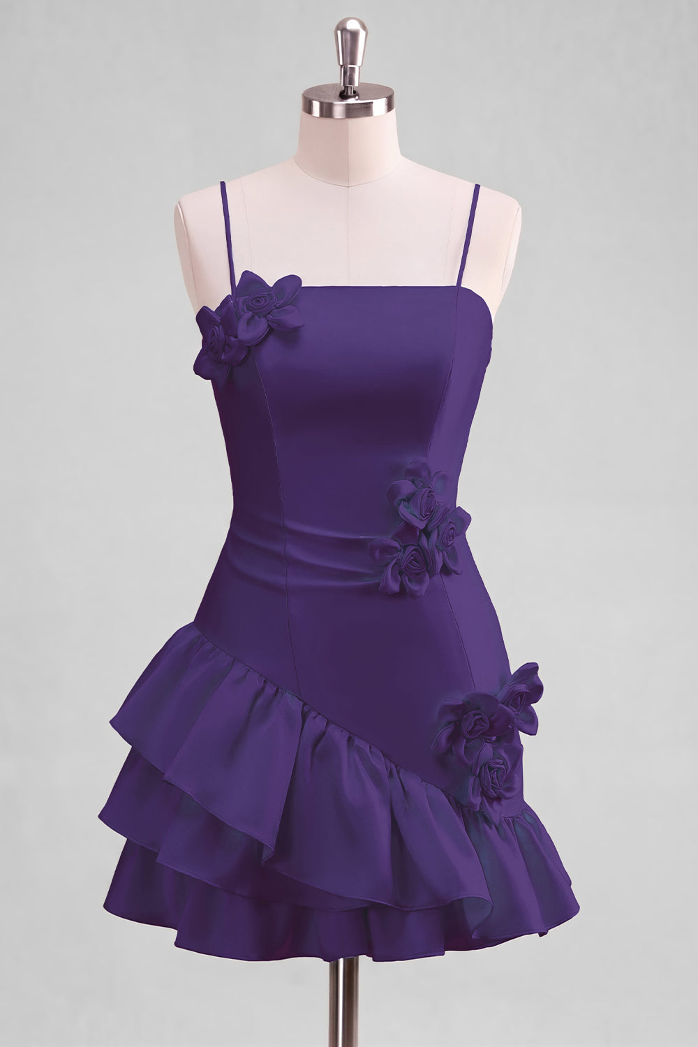 A-line Satin Light Blue Spaghetti Straps Ruffled Homecoming Dress with 3D Flowers