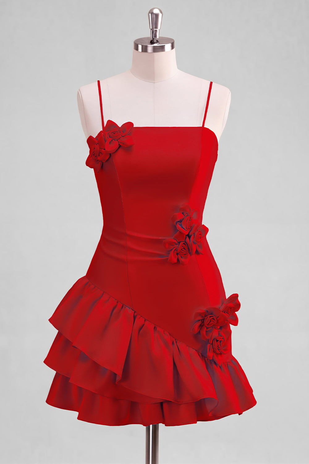 A-line Satin Light Blue Spaghetti Straps Ruffled Homecoming Dress with 3D Flowers
