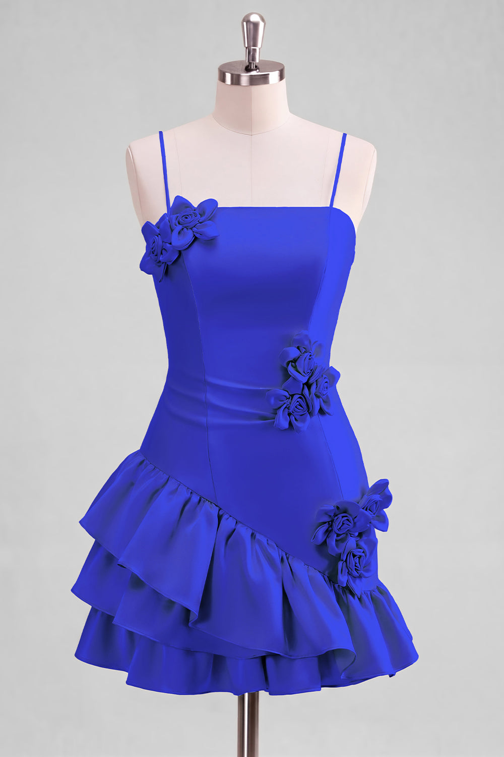 A-line Satin Light Blue Spaghetti Straps Ruffled Homecoming Dress with 3D Flowers