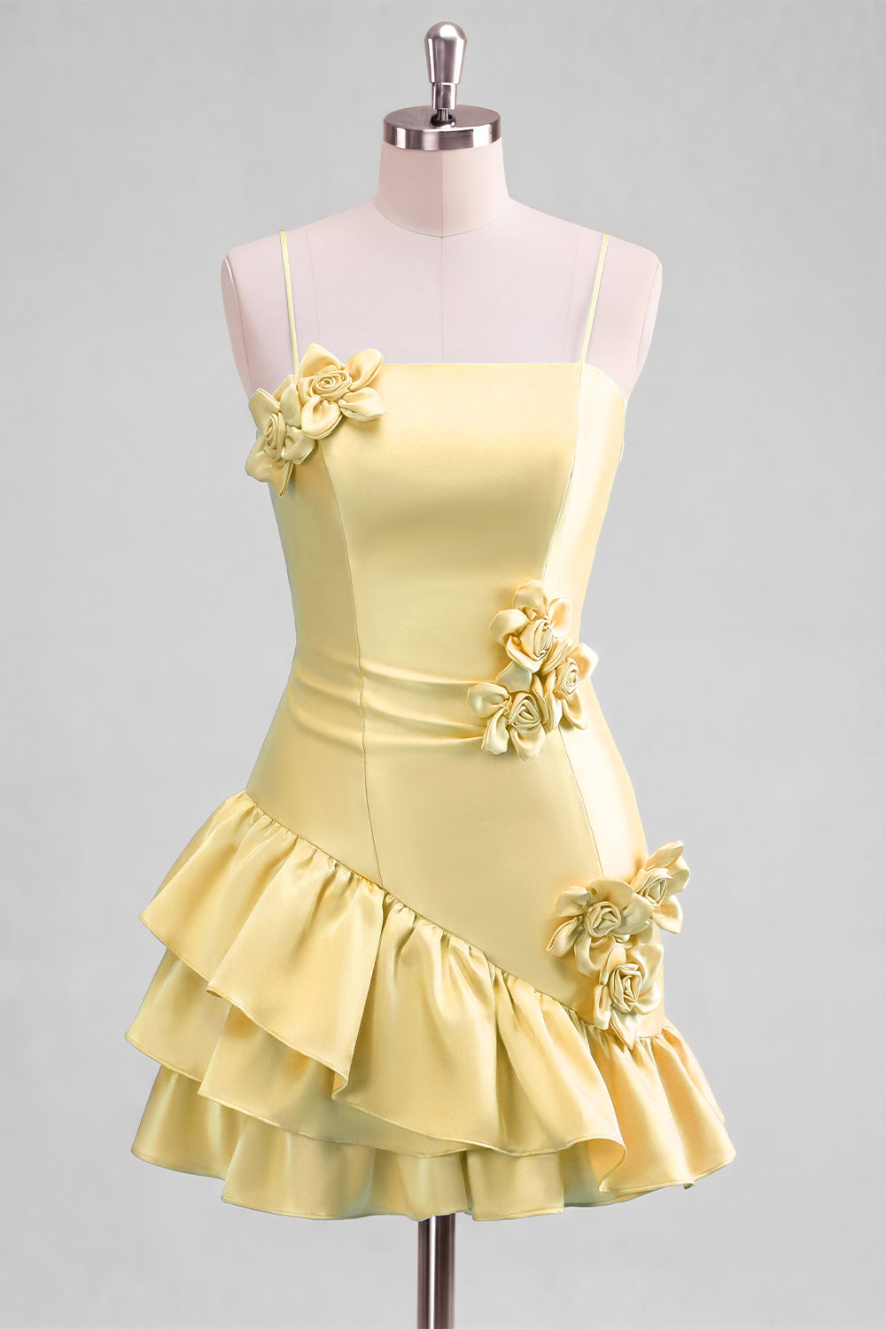 A-line Satin Light Blue Spaghetti Straps Ruffled Homecoming Dress with 3D Flowers