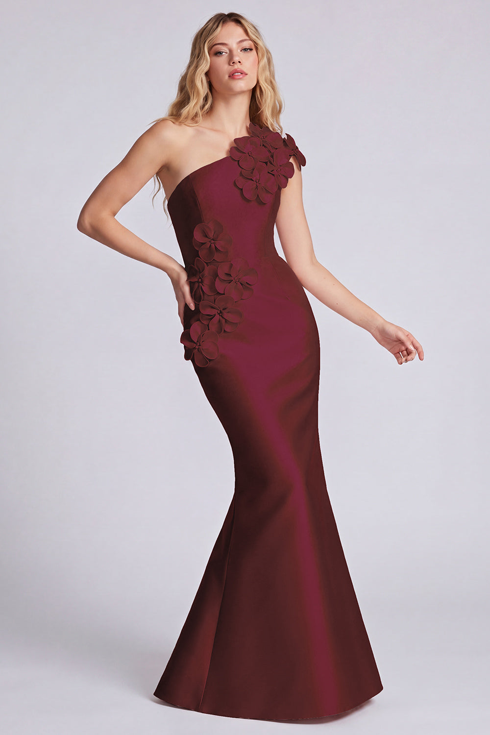 One Shoulder Satin Black Mermaid Long Formal Dress with 3D Flowers