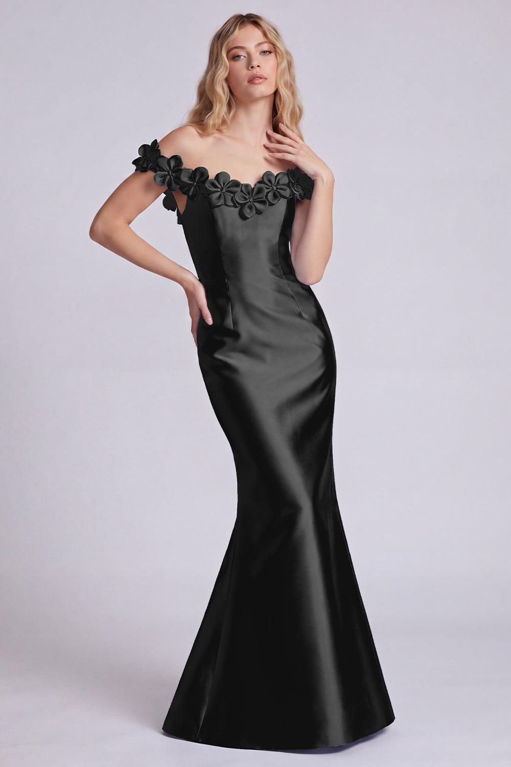 Dark Navy Off-the-Shoulder Mermaid Satin Long Formal Dress with 3D Flowers
