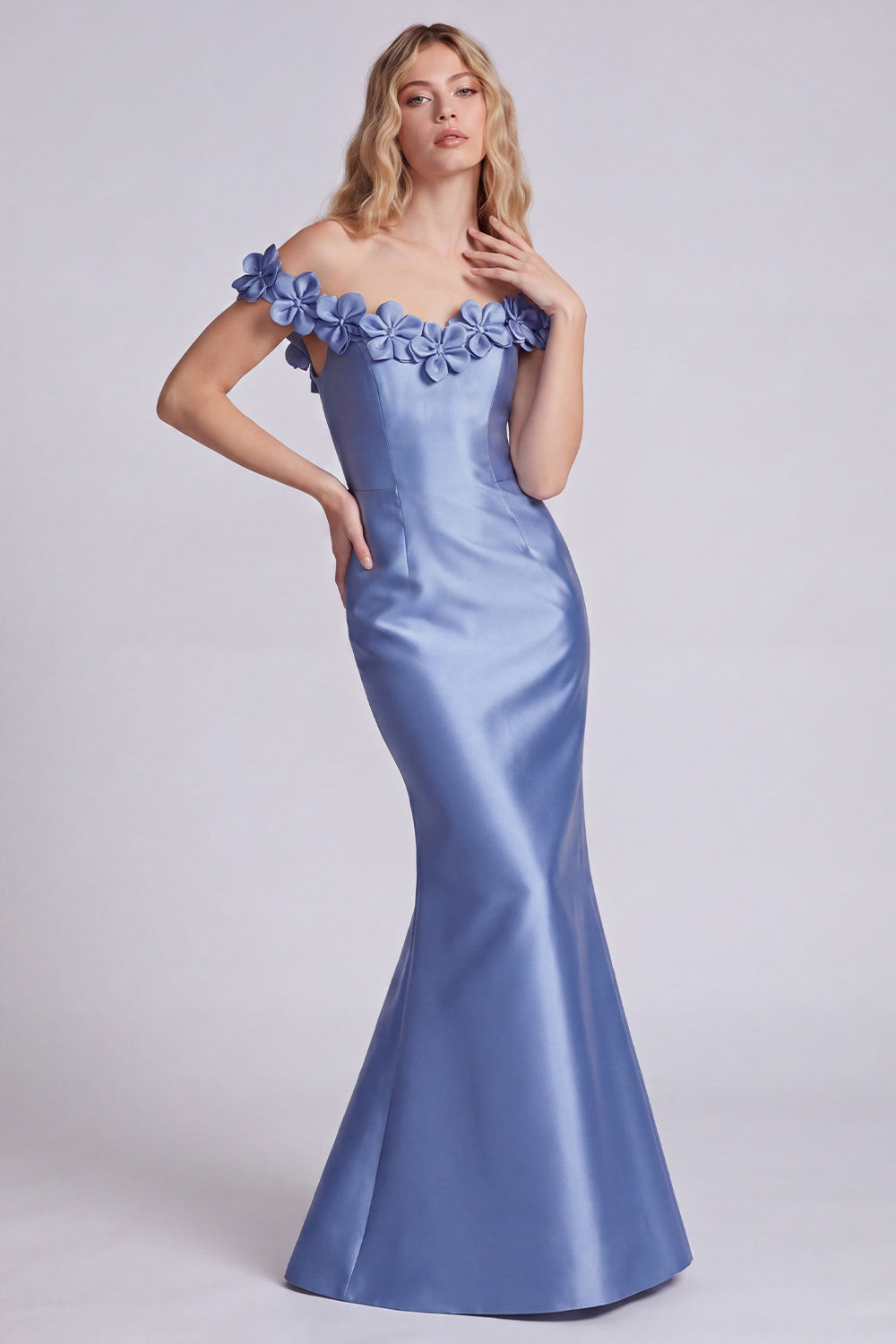 Dark Navy Off-the-Shoulder Mermaid Satin Long Formal Dress with 3D Flowers