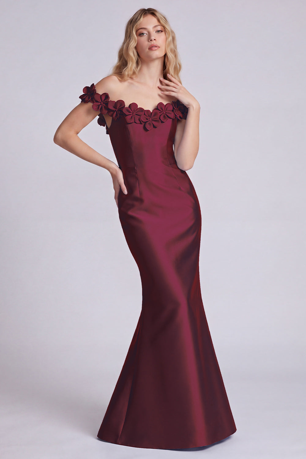 Dark Navy Off-the-Shoulder Mermaid Satin Long Formal Dress with 3D Flowers