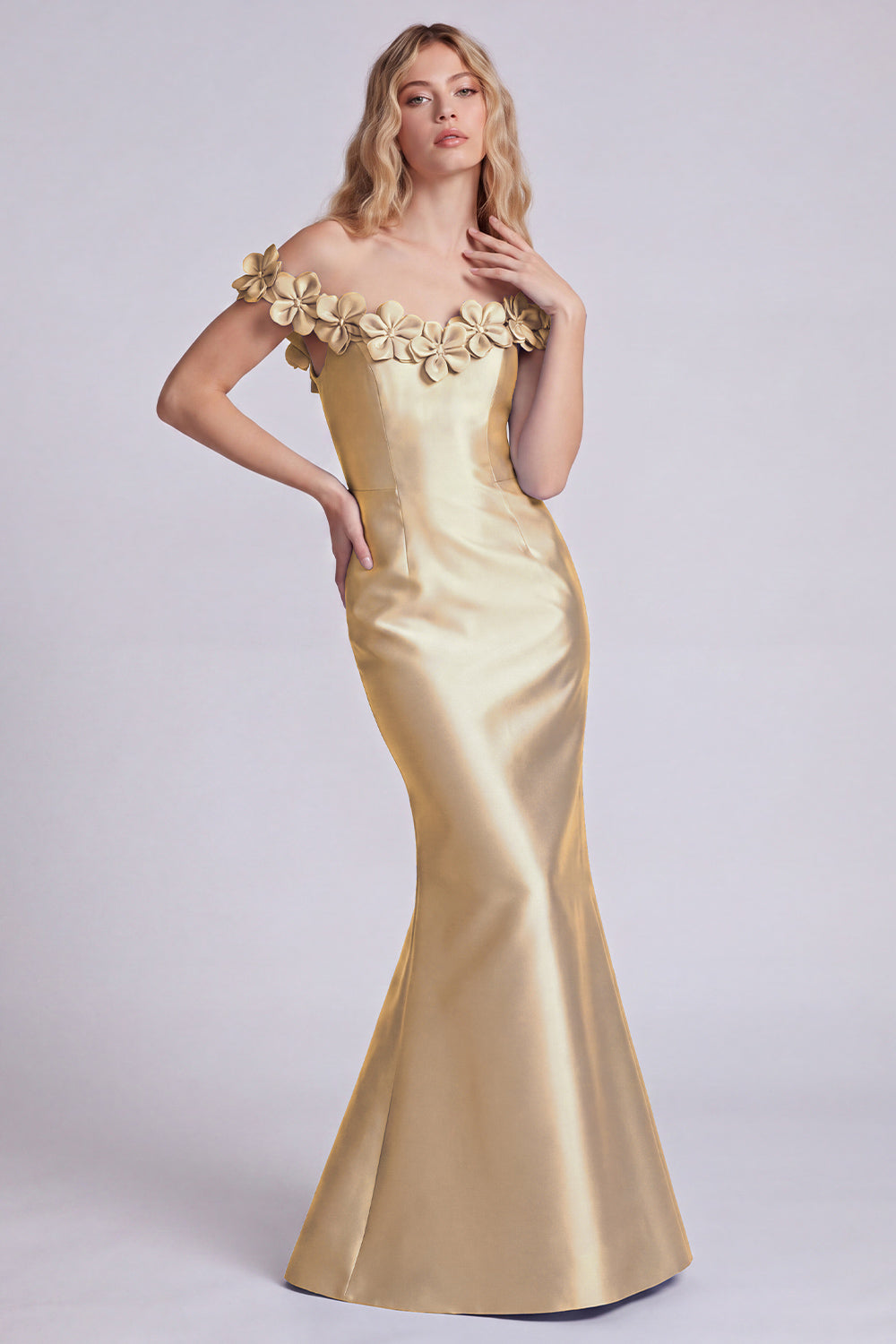 Dark Navy Off-the-Shoulder Mermaid Satin Long Formal Dress with 3D Flowers