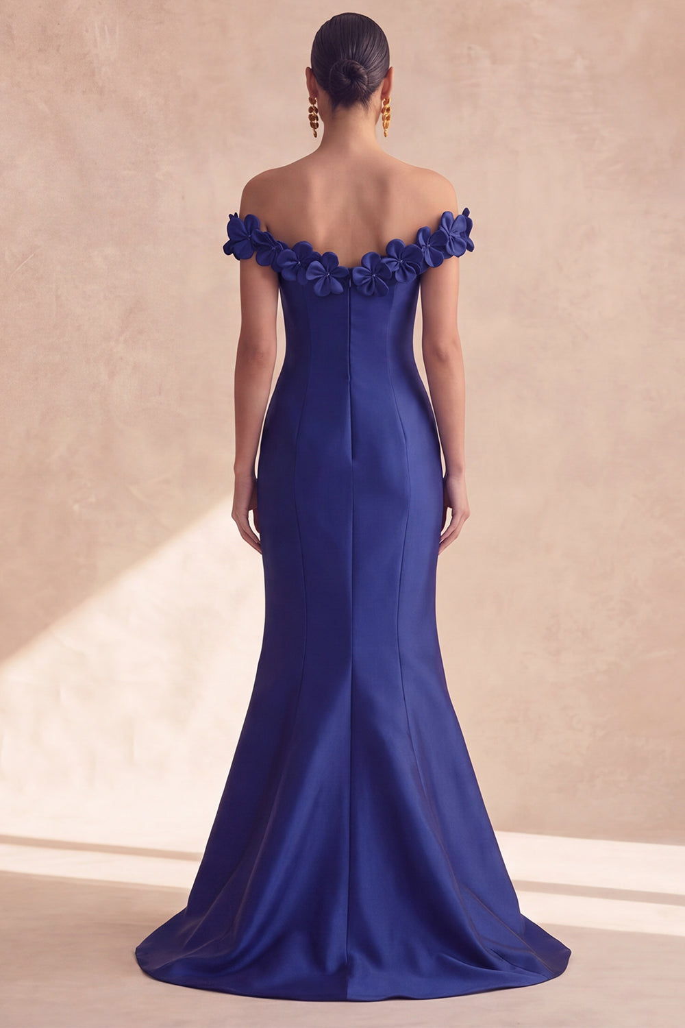 Dark Navy Off-the-Shoulder Mermaid Satin Long Formal Dress with 3D Flowers