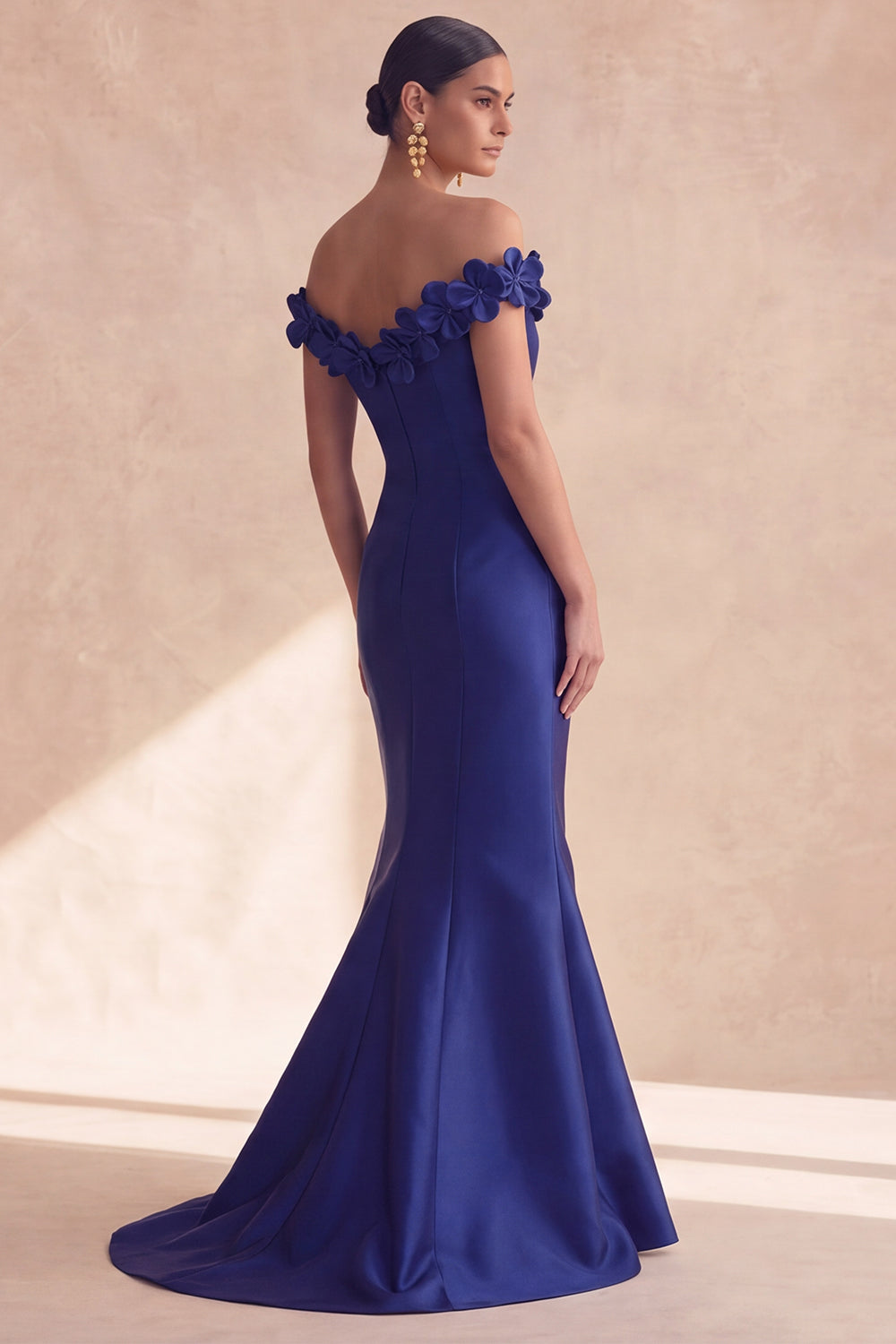 Dark Navy Off-the-Shoulder Mermaid Satin Long Formal Dress with 3D Flowers