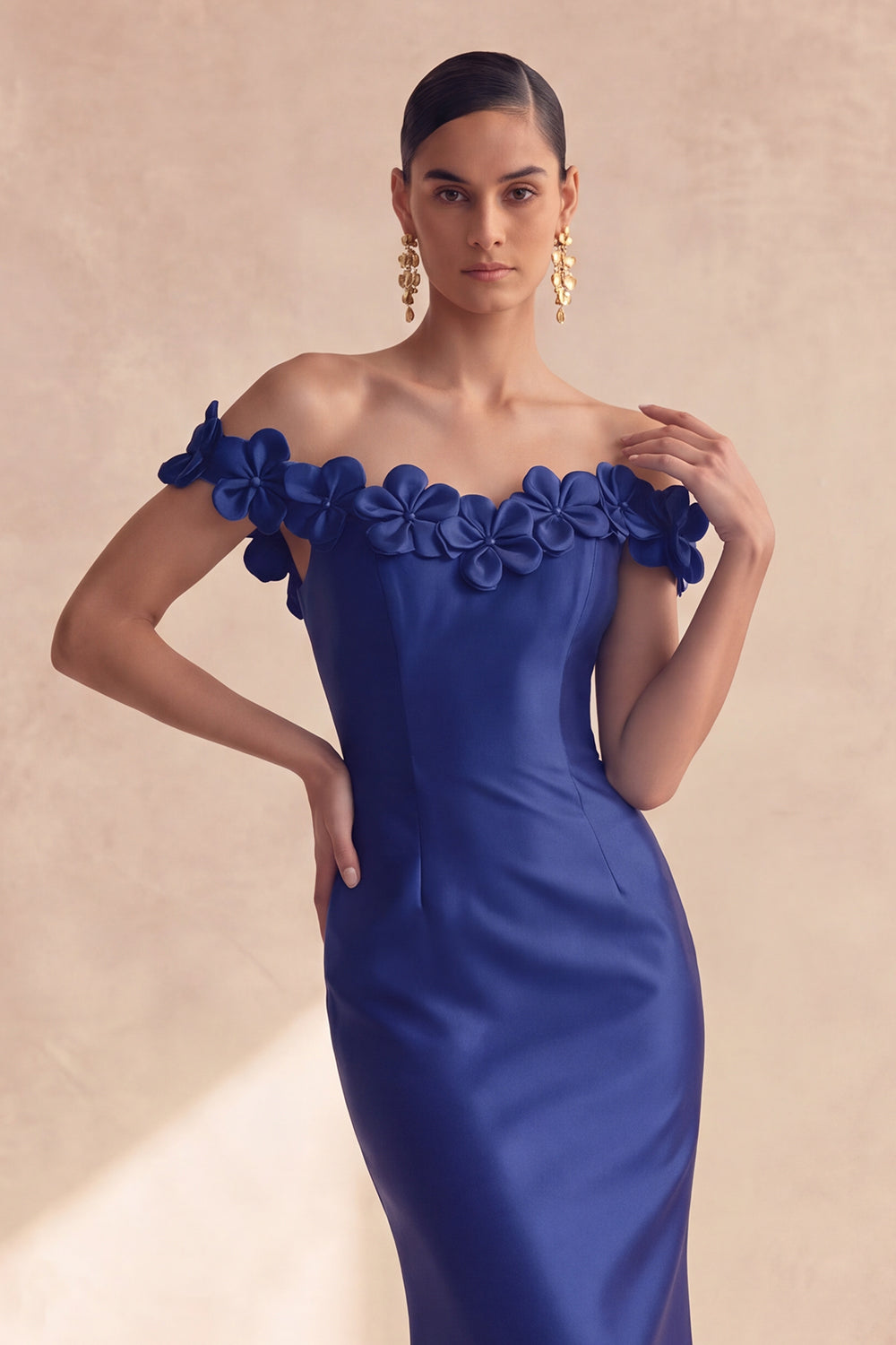 Dark Navy Off-the-Shoulder Mermaid Satin Long Formal Dress with 3D Flowers