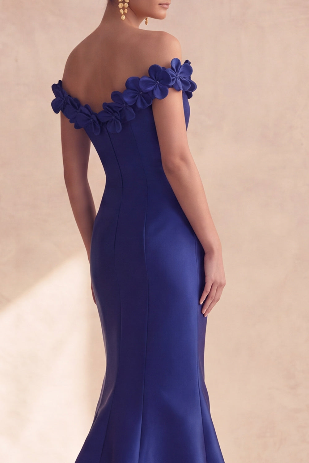 Dark Navy Off-the-Shoulder Mermaid Satin Long Formal Dress with 3D Flowers