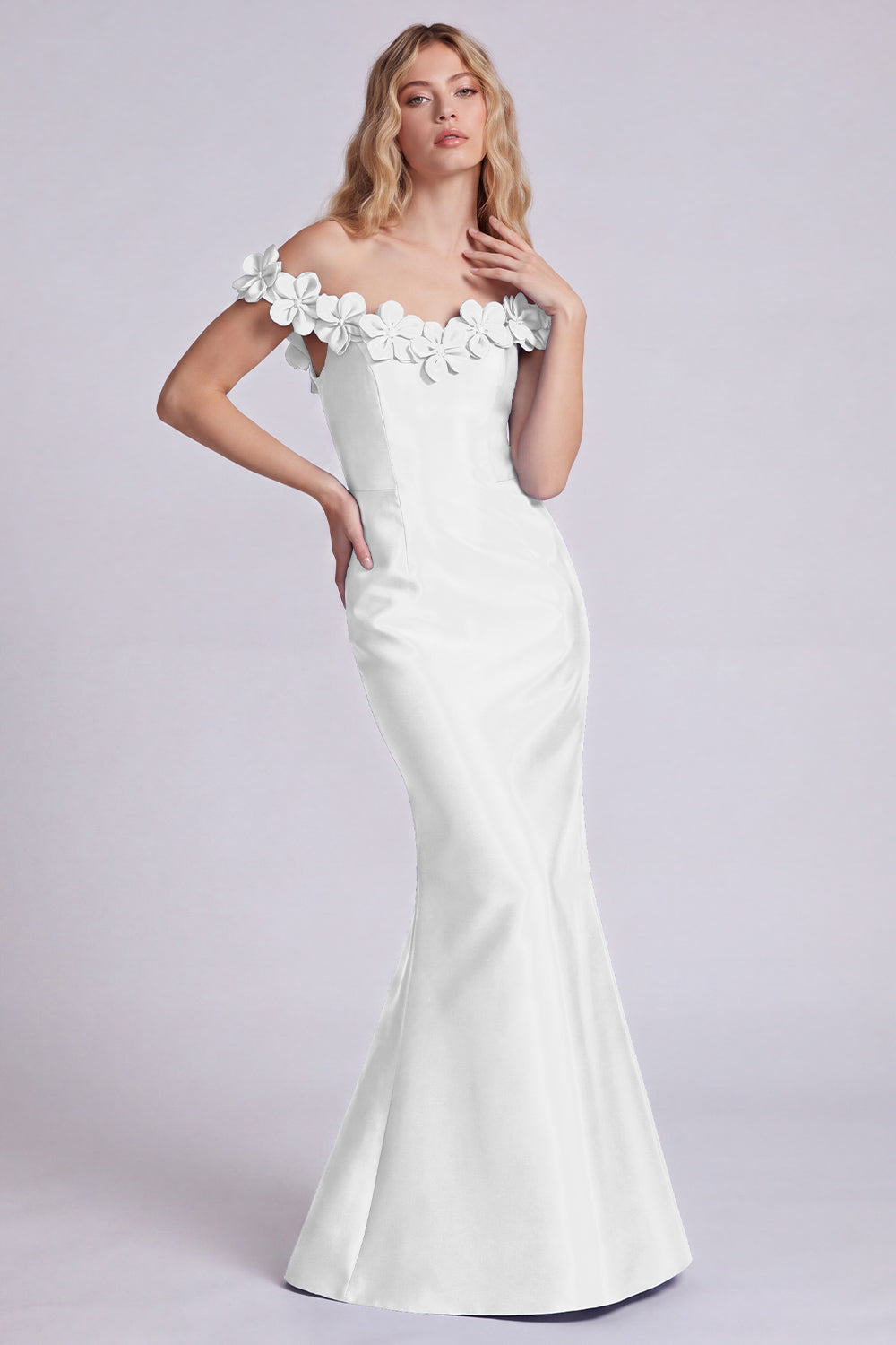 Dark Navy Off-the-Shoulder Mermaid Satin Long Formal Dress with 3D Flowers