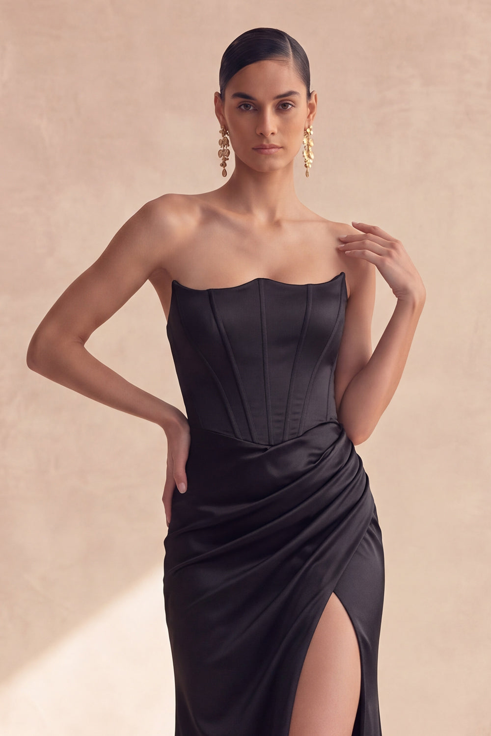 Black Satin Strapless Corset Ruched Mermaid Long Formal Dress with Slit