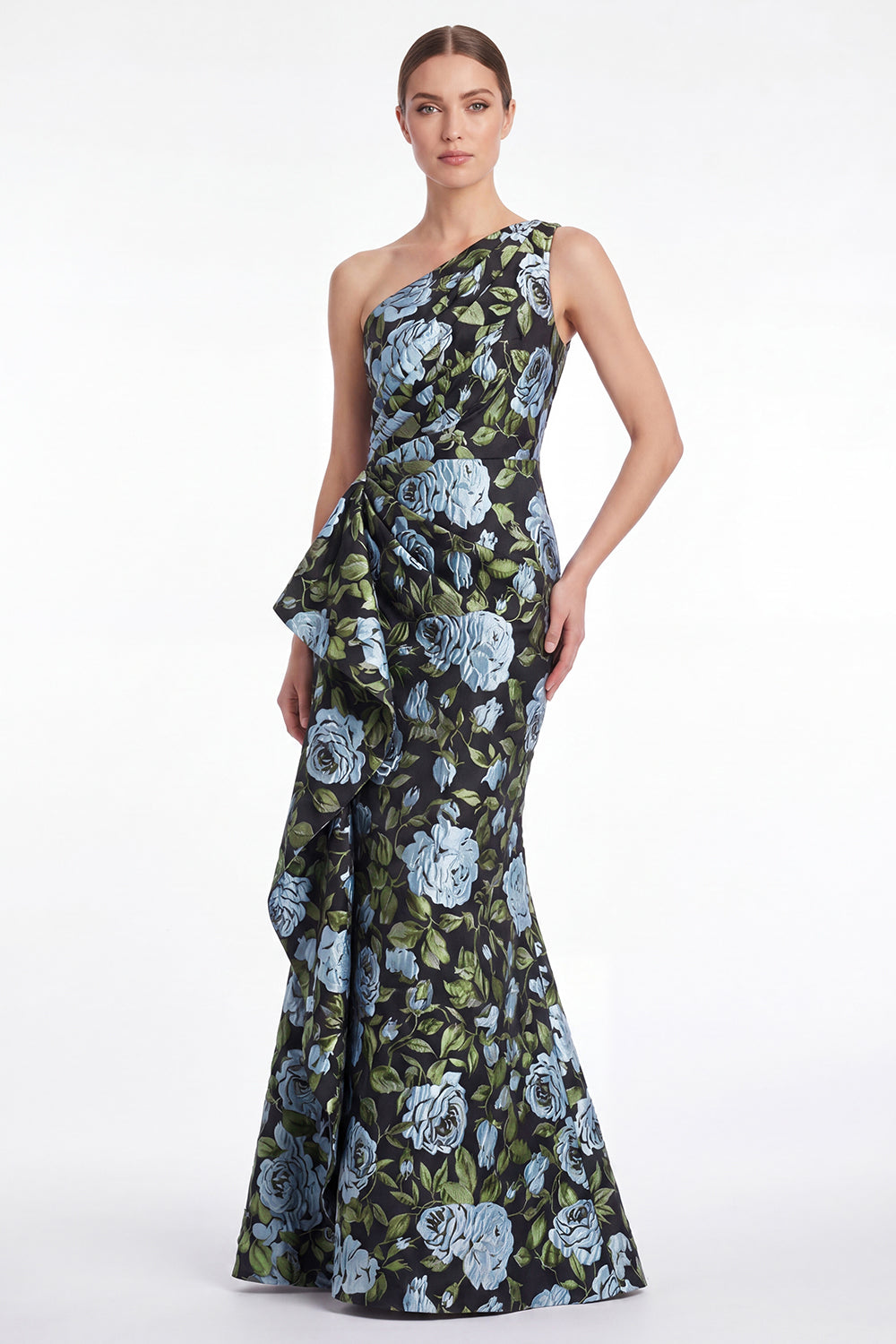 Pink Flower Mermaid One-Shoulder Jacquard Long Mother of the Bride Dress with Ruffles