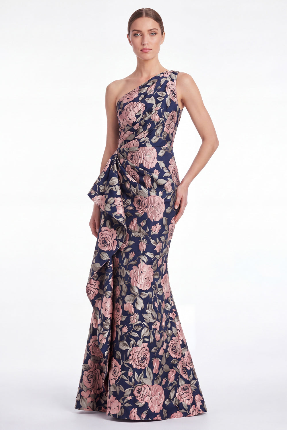 Pink Flower Mermaid One-Shoulder Jacquard Long Mother of the Bride Dress with Ruffles