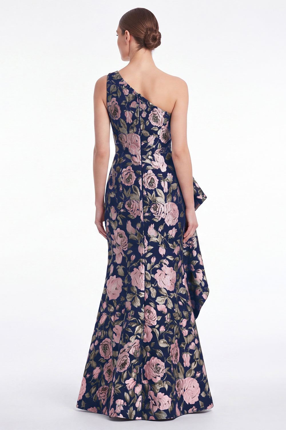 Pink Flower Mermaid One-Shoulder Jacquard Long Mother of the Bride Dress with Ruffles