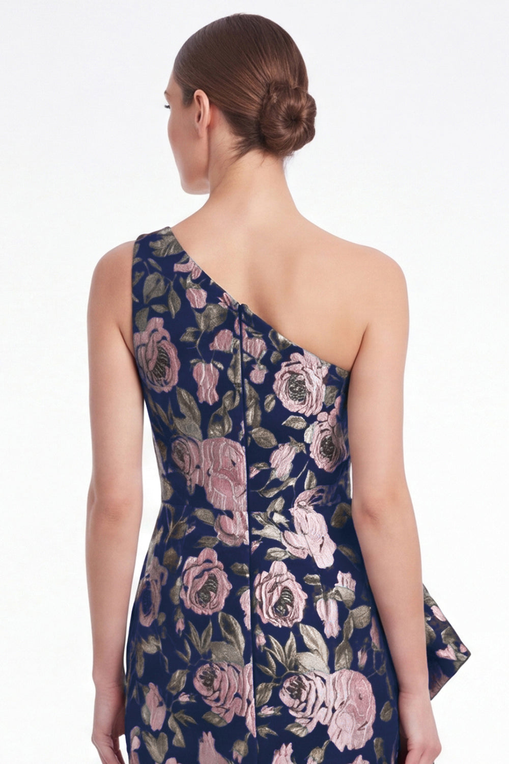 Pink Flower Mermaid One-Shoulder Jacquard Long Mother of the Bride Dress with Ruffles