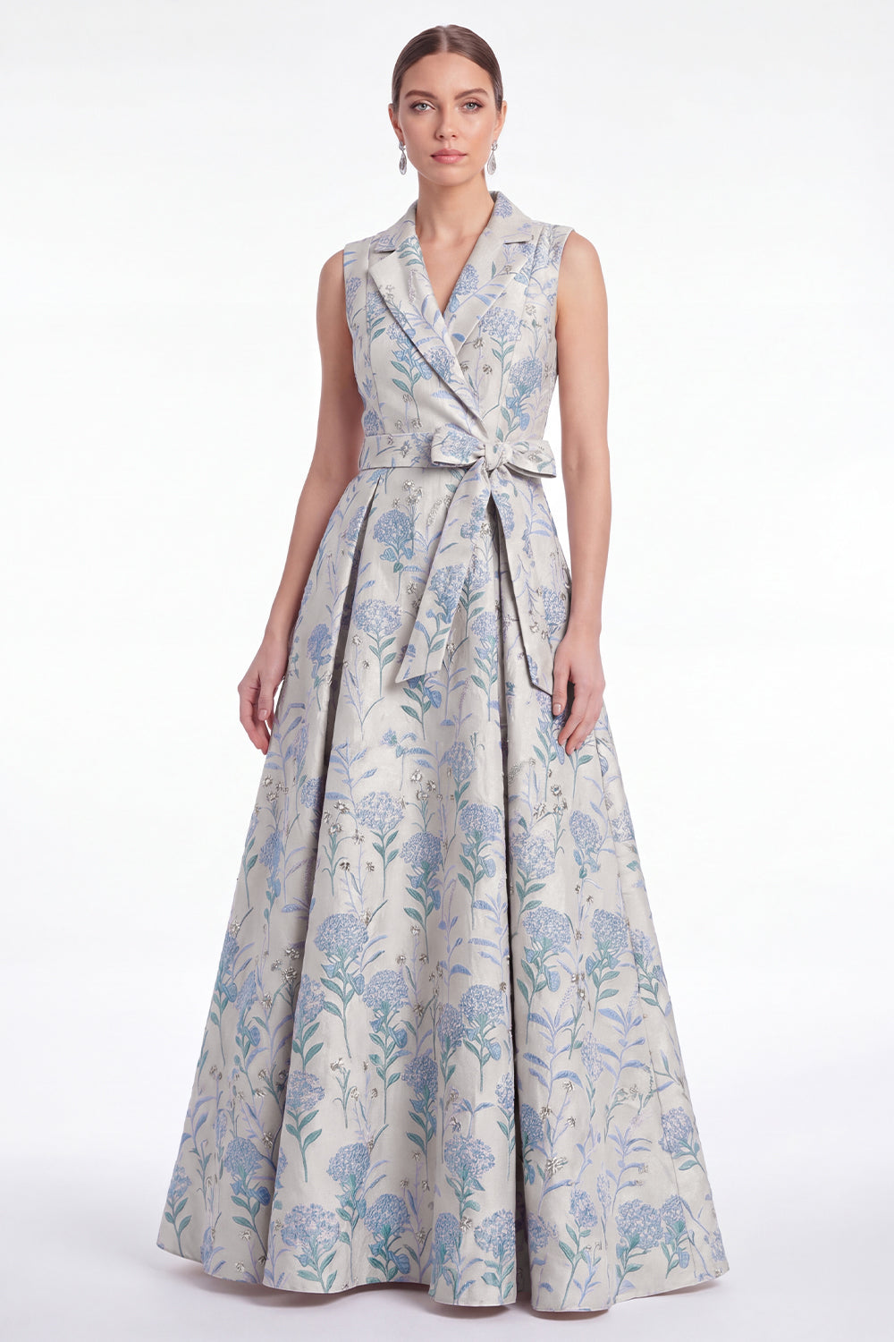 A-Line Pink Flower Notch Lapel Jacquard Long Mother Of the Bride Dress with Belt