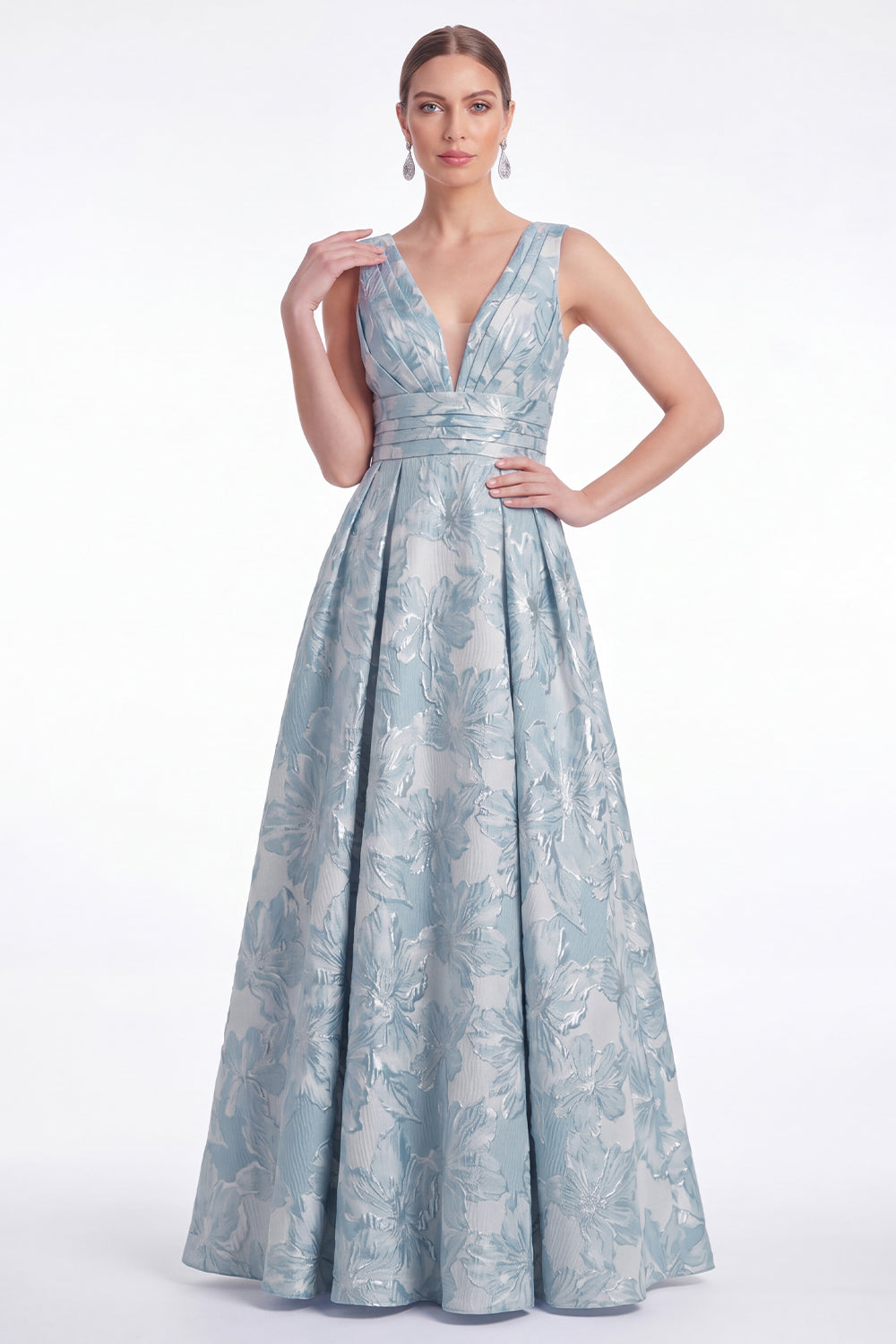 A-Line Blue Flower Jacquard V-Neck Long Mother Of the Bride Dress