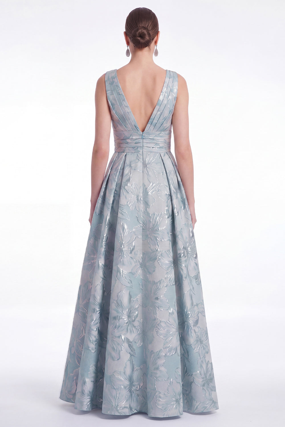 A-Line Blue Flower Jacquard V-Neck Long Mother Of the Bride Dress