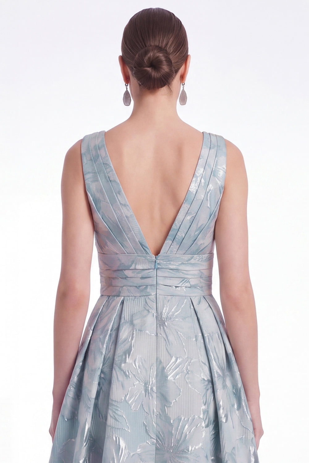 A-Line Blue Flower Jacquard V-Neck Long Mother Of the Bride Dress