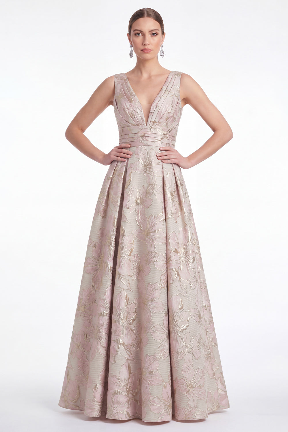 A-Line Blue Flower Jacquard V-Neck Long Mother Of the Bride Dress