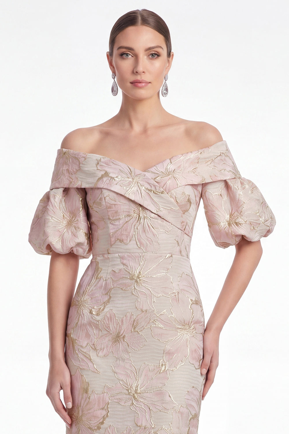 Off the Shoulder Mermaid Pink Flower Jacquard Long Mother Of the Bride Dress