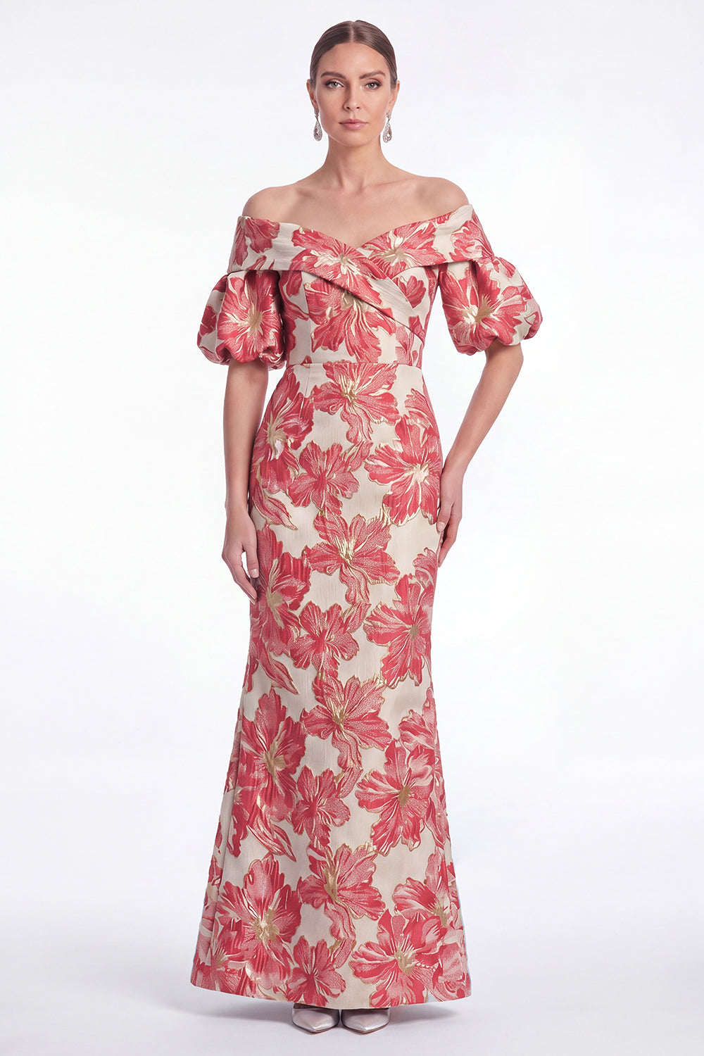 Off the Shoulder Mermaid Pink Flower Jacquard Long Mother Of the Bride Dress