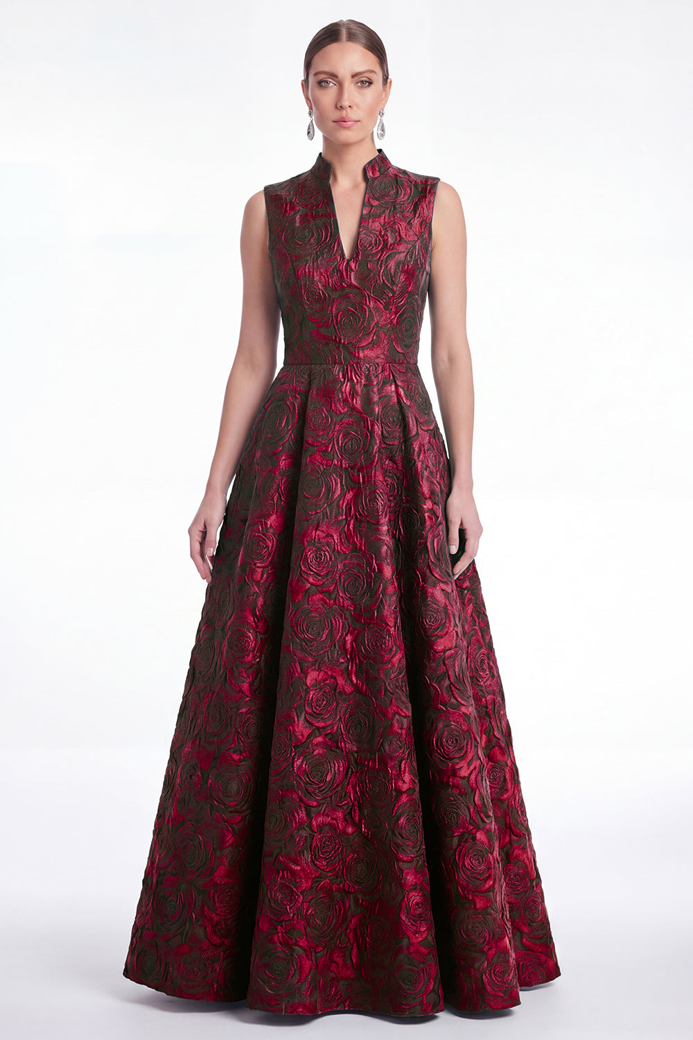 A-Line Green Floral Jacquard V-Neck Long Mother Of the Bride Dress