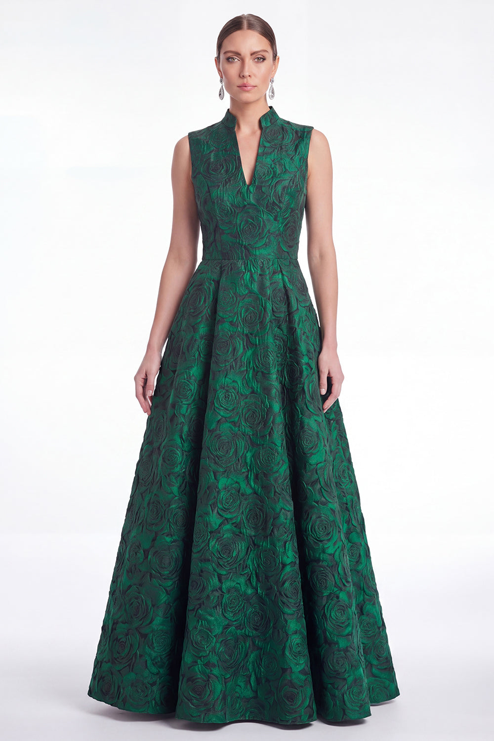 A-Line Green Floral Jacquard V-Neck Long Mother Of the Bride Dress