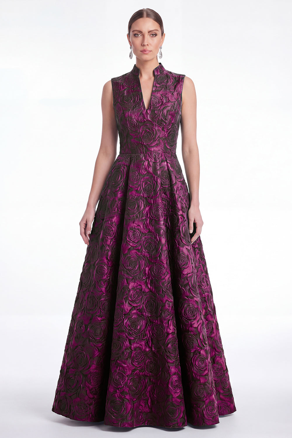 A-Line Green Floral Jacquard V-Neck Long Mother Of the Bride Dress