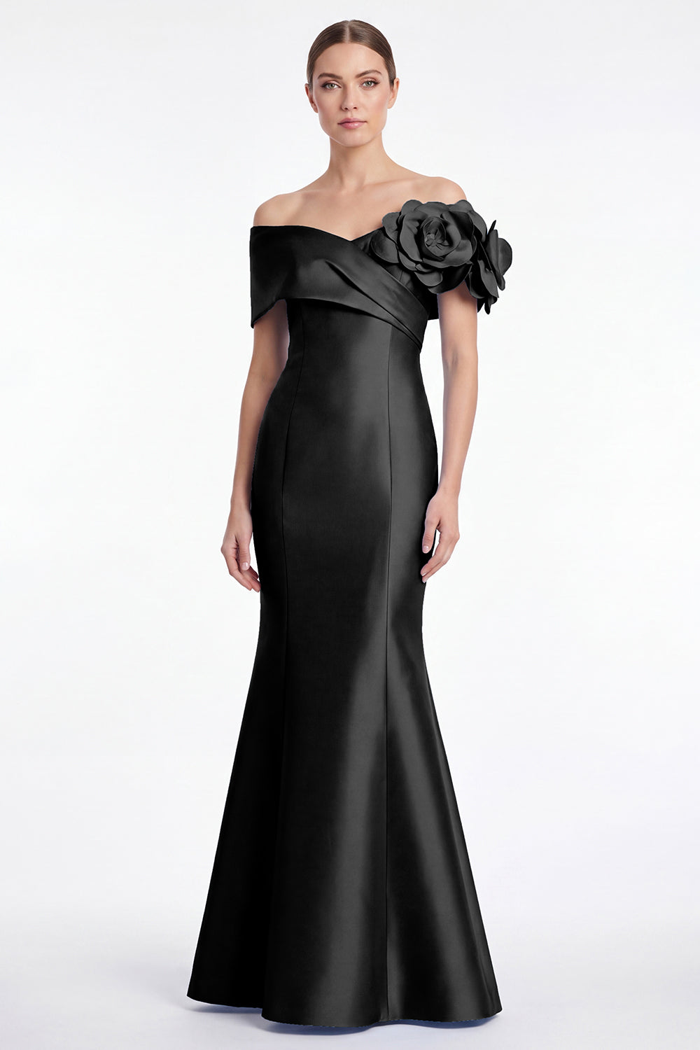 Robe longue de mère de la mariée sirène en satin bleu poudré avec épaules dénudées et fleurs 3D