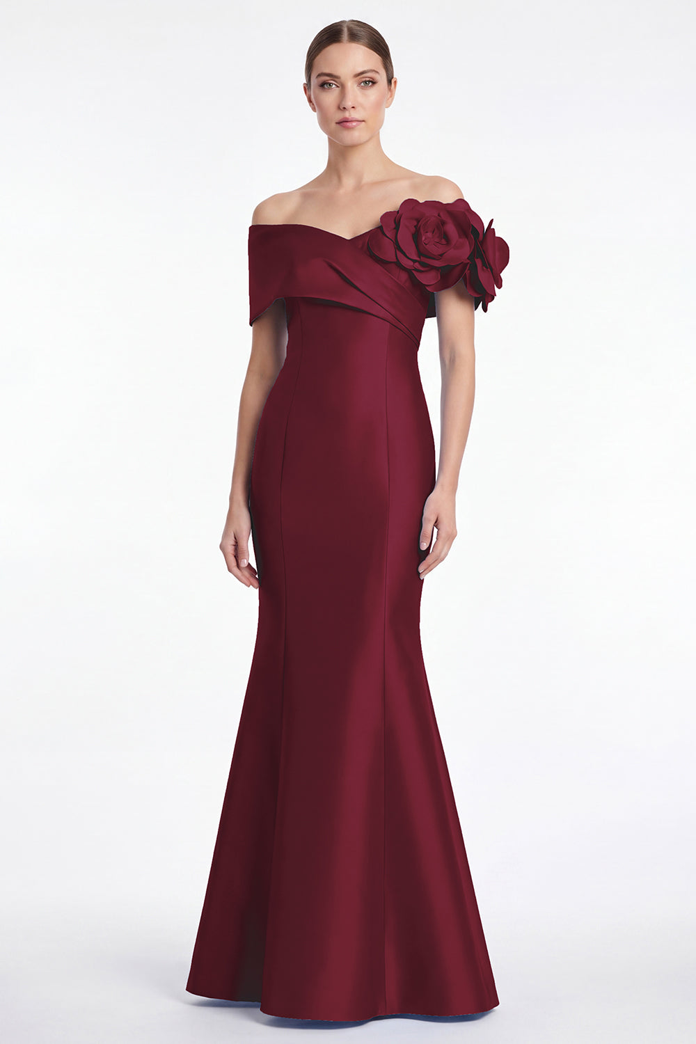 Robe longue de mère de la mariée sirène en satin bleu poudré avec épaules dénudées et fleurs 3D