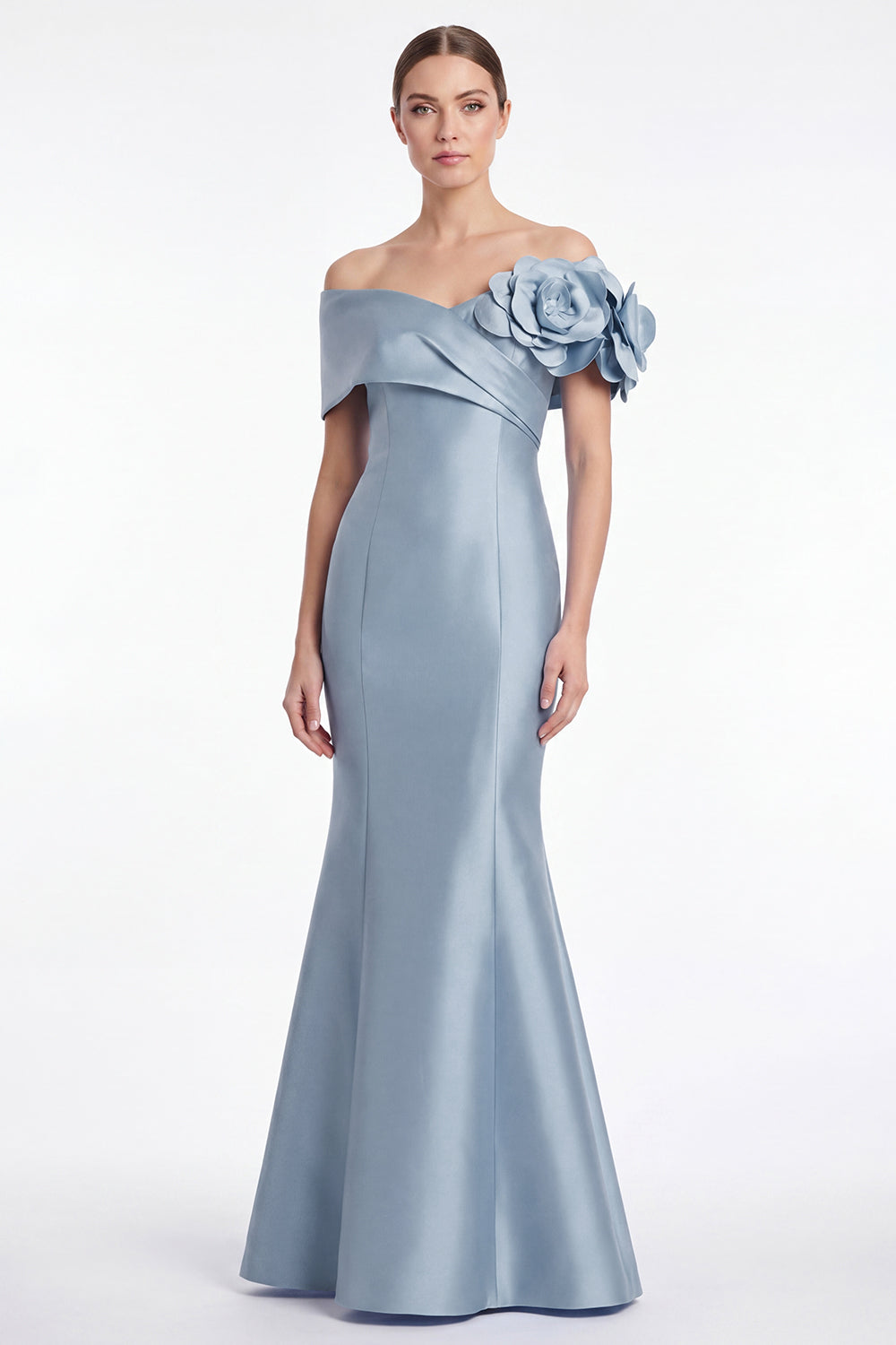 Robe longue de mère de la mariée sirène en satin bleu poudré avec épaules dénudées et fleurs 3D