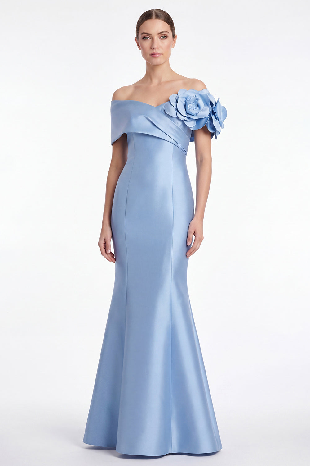 Robe longue de mère de la mariée sirène en satin bleu poudré avec épaules dénudées et fleurs 3D
