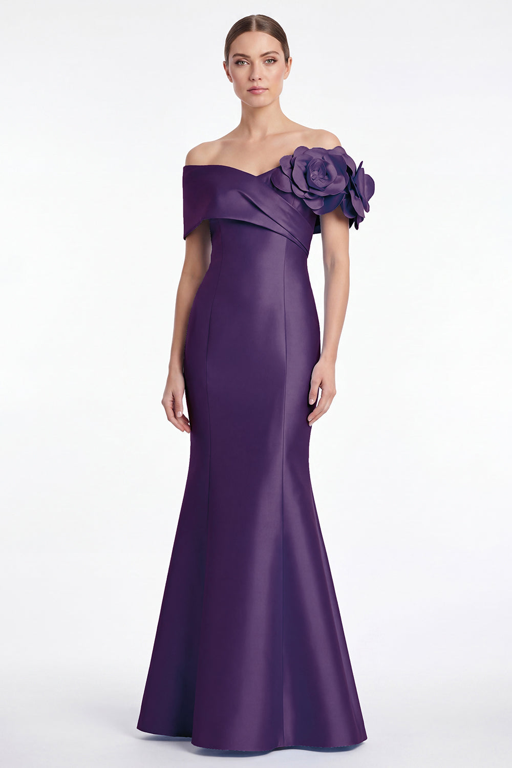Robe longue de mère de la mariée sirène en satin bleu poudré avec épaules dénudées et fleurs 3D