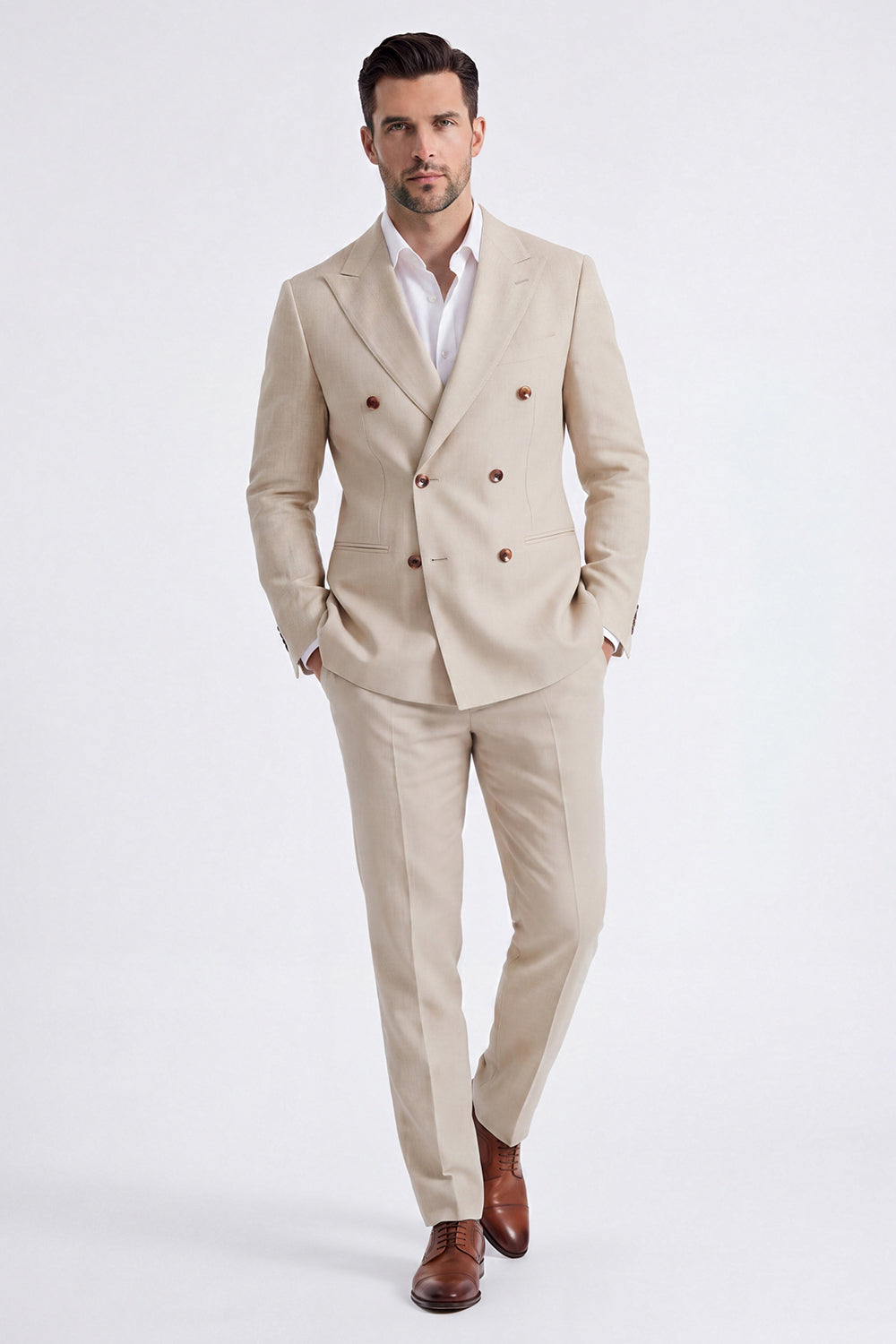 Beige Peak Lapel Double Breasted 2 Piece Men's Suits