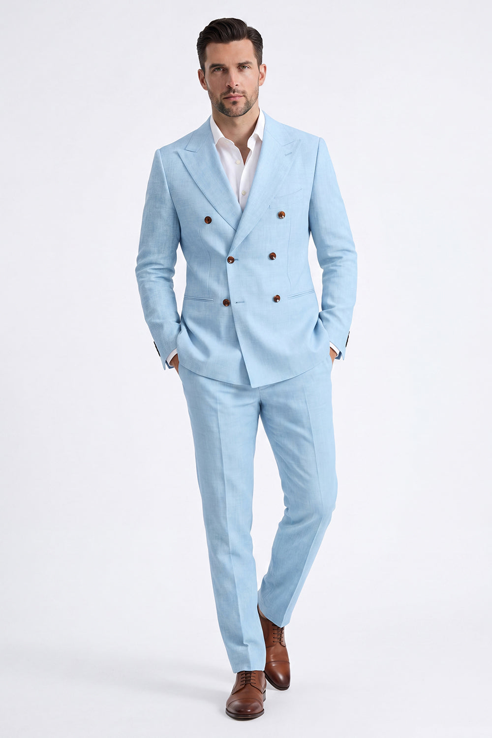 Beige 2 Piece Double Breasted Peak Lapel Men's Suits