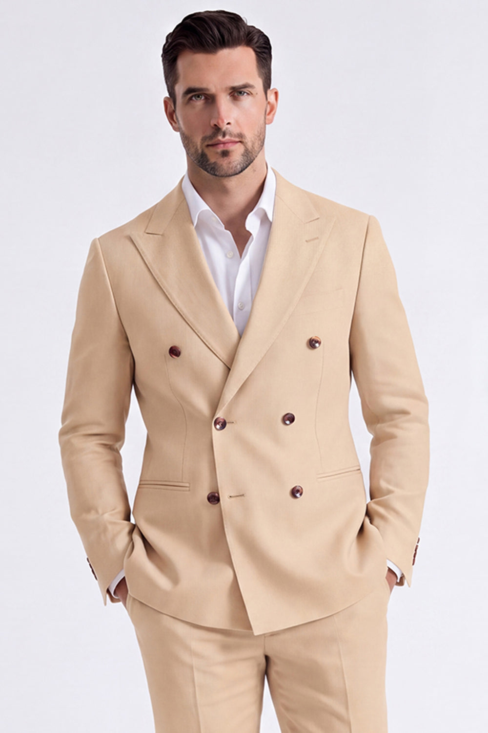 Beige 2 Piece Double Breasted Peak Lapel Men's Suits