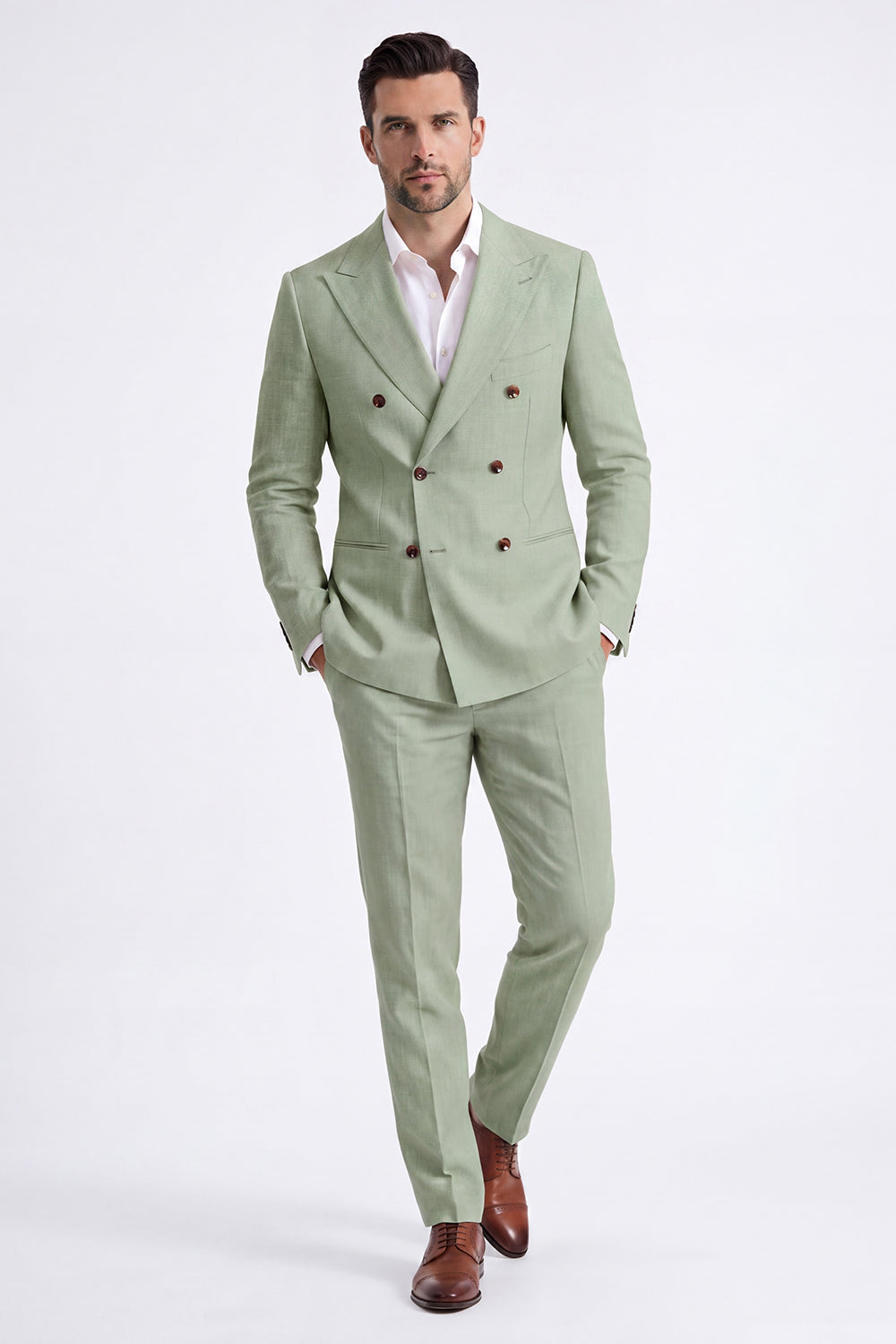 Beige 2 Piece Double Breasted Peak Lapel Men's Suits